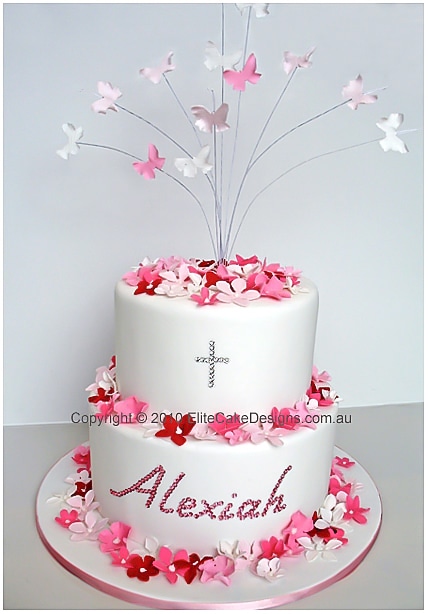 Christening cake for a girl with butterflies and blossoms