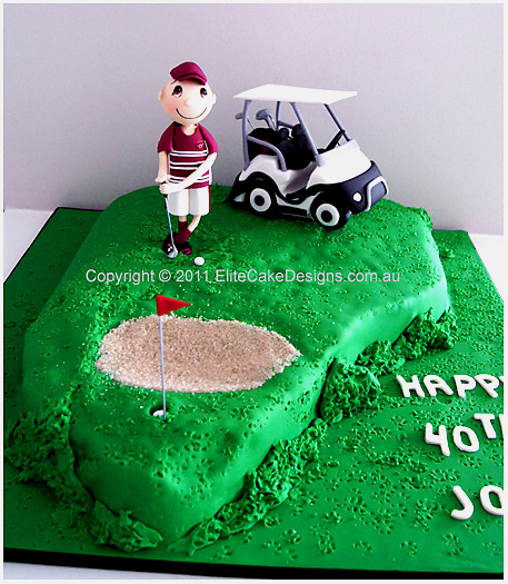 Golf course with a golfer and buggy cake