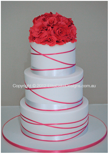 Hot Pink Rose Bouquet Wedding Cake with charcoal ribbon